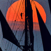 Rigg på segelfartyg i solnedgång
