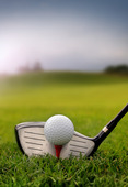 Golf klubba och boll på gräs