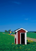 Litet hus med svensk flagga