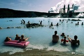 Bathing in hot springs, Iceland